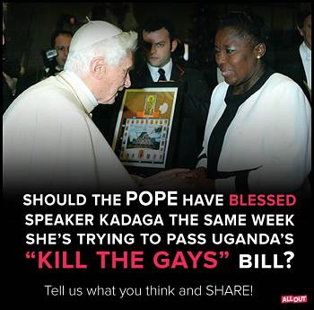 Noticias criminología. El papa bendice a la presidenta de Uganda, país con pena de muerte a homosexuales. Marisol Collazos Soto